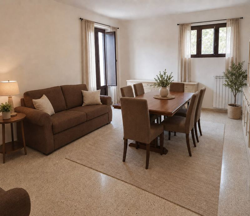 Il salone, con divano e tavolo da pranzo